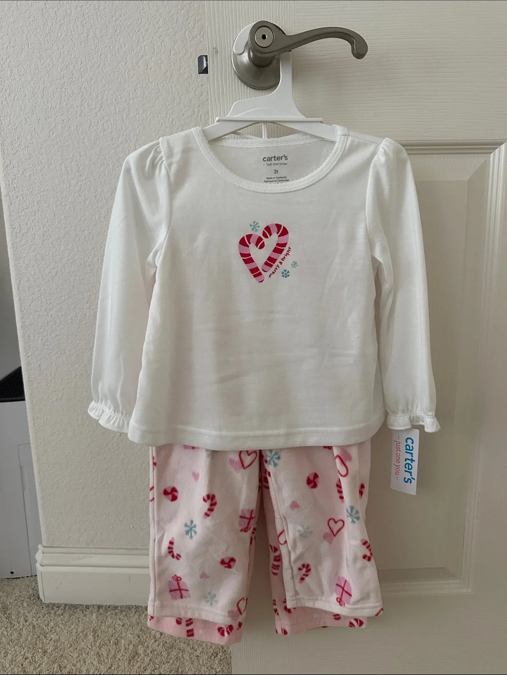Carter's White Top and Pink Candy Cane Heart Pajama Set